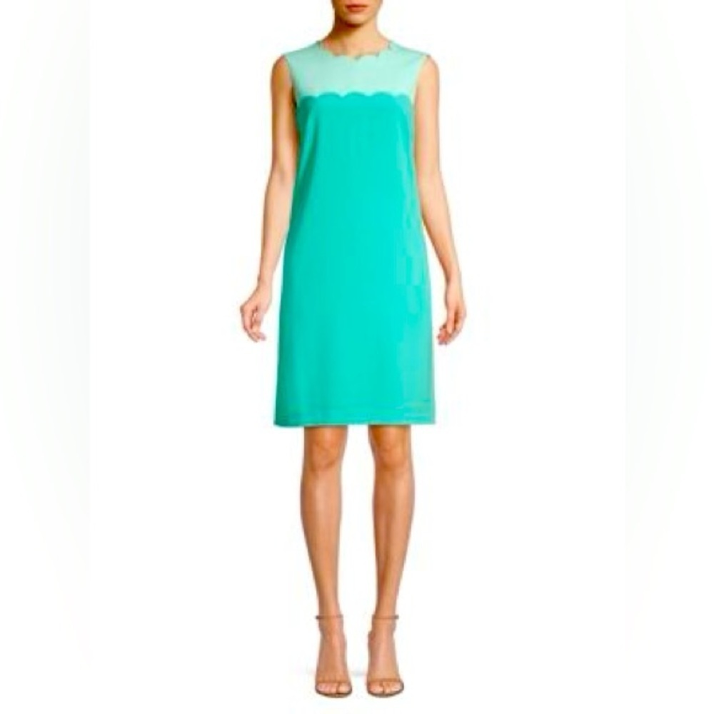 NWOT Escada Dewissa Blue Color-Block Scalloped Sleeveless Shift Dress 36 or US 6